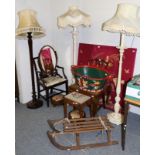 Mixed furniture and other items including a hall stand, standard lamps, a vintage sledge, a
