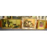 I Richardson, still life of flowers and another of bottles and fruit and a gilt framed print of a