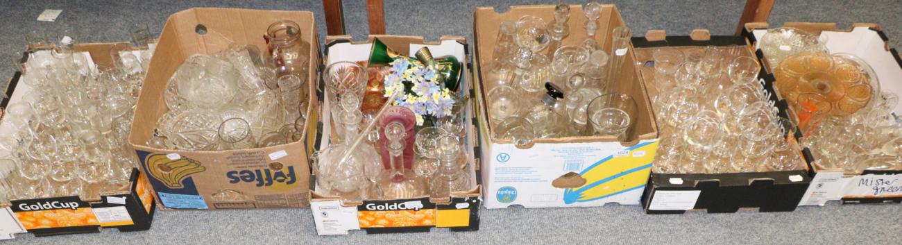 A quantity of glass including drinking glasses, decanters, carnival glass bowl etc (six boxes)