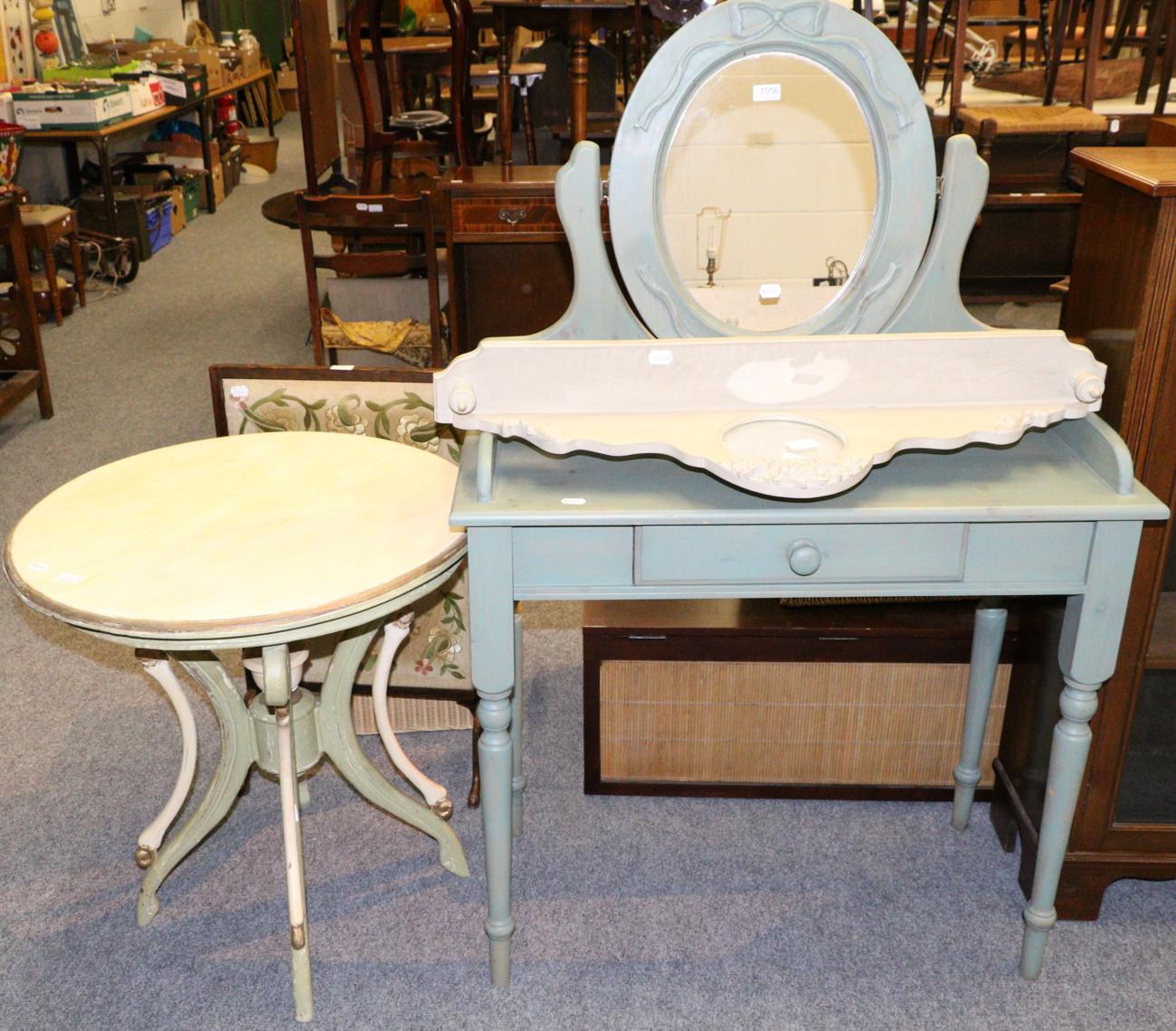 Painted dressing table, similar mirrored coat rack and circular occasional table (3)