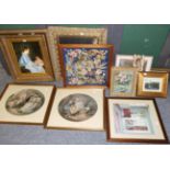 A group of pictures and prints to include a study of a mother and child playing cards, a pair of