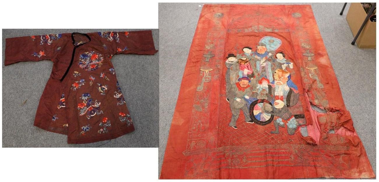 An early 20th century Chinese wall hanging embroidered with figures, and a wine coloured Chinese