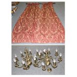 A reeded mahogany curtain pole together with a pair of red and gold silk curtains and a pair of