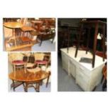 Group of furniture comprising gateleg dining table, two canework chairs, two similar stools, painted