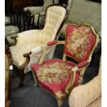 Mahogany framed button back armchair, together with a reproduction painted and upholstered fauteuil