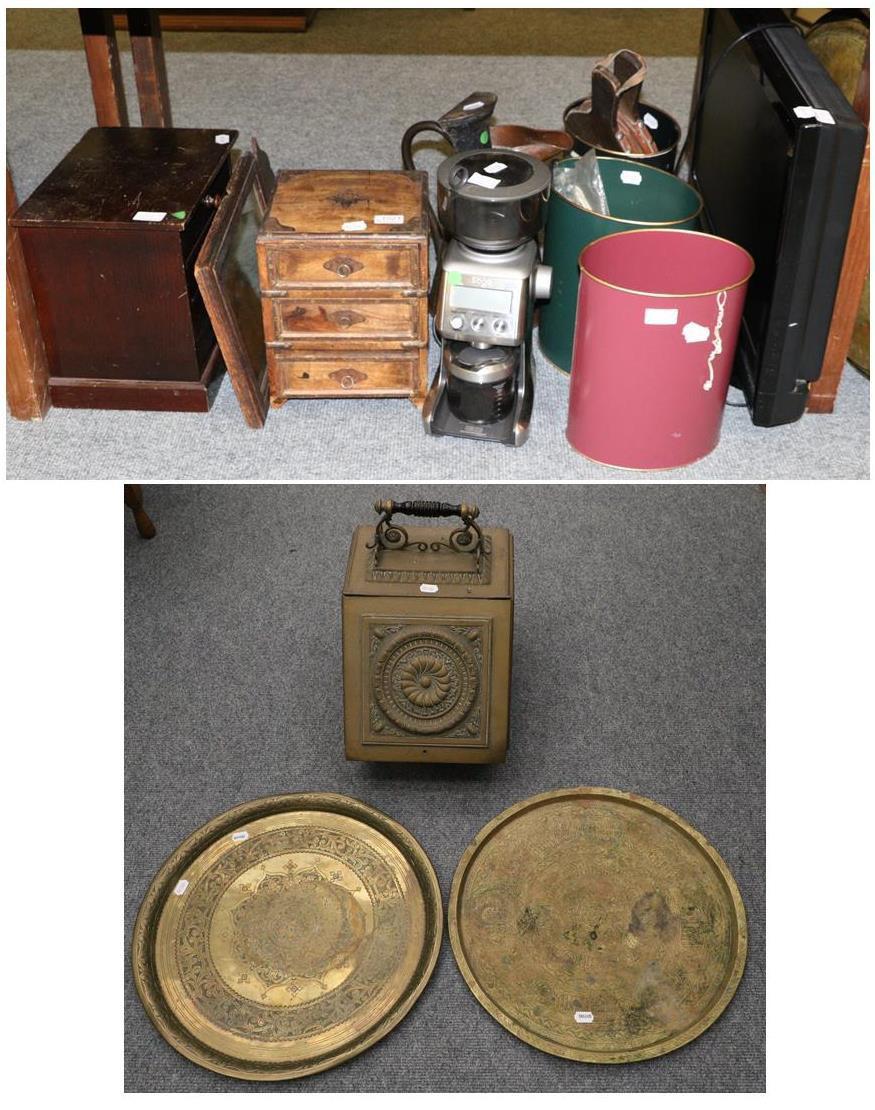 A group of miscellaneous including two Middle Eastern brass table tops, a small specimen chest, a