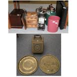 A group of miscellaneous including two Middle Eastern brass table tops, a small specimen chest, a
