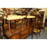 Group of furniture comprising reproduction pedestal dining table, similar sideboard, set of six