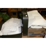 Assorted white linen, table linen, bed cover etc (in a box and a suitcase)
