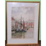 F Barker (?), harbour scene, possibly Whitby, watercolour, signed lower left