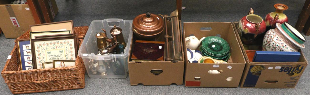 Assorted ceramics including two planters; plated wares; miner's lamp; copper items etc (five boxes)