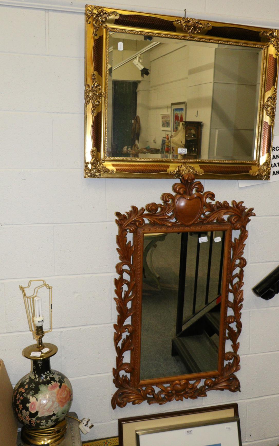 Two reproduction mirrors, one carved, one gilt together with a table lamp (3)