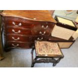 An oak stool, TV cabinet and two wicker boxes