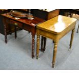 Oak fold over tea table, together with a mahogany side table fitted with a drawer