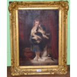 A 19th century full length portrait of a young girl holding a King Charles dog, oil on canvas in a