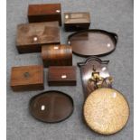 Two boxes of 19th century caddies, writing slopes, trays etc