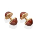 A Pair of Carnelian Solid Bar Cufflinks, round cabochon carnelian in rubbed over settings, connected