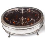 A George V Silver and Tortoiseshell Oval Jewellery Box, E.S.Barnsley & Co, Birmingham 1918, with