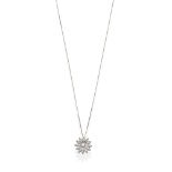 A Diamond Flower Pendant on Chain, a central round brilliant cut diamond within a pavé set diamond