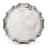 A George V Presentation Silver Salver, Atkin Brothers, Sheffield 1917, with shaped rim on scroll