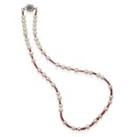 A Pink Tourmaline and Cultured Pearl Necklace, pink tourmaline beads spaced at intervals by groups