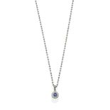 An 18 Carat White Gold Sapphire and Diamond Cluster Pendant on Chain, a round cut sapphire within