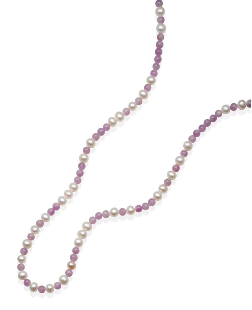 A Kunzite and Cultured Pearl Necklace, groups of round kunzite beads spaced by cultured pearls, to a