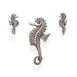 A Silver George Tarratt Seahorse Brooch and Earring Suite, Designed by Geoffrey Bellamy, the