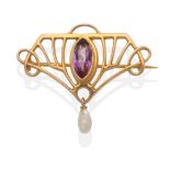 An Art Nouveau Amethyst and Baroque Pearl Brooch, a marquise cut amethyst in a rubbed over