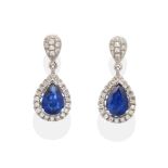 A Pair of 18 Carat White Gold Sapphire and Diamond Cluster Drop Earrings, a diamond set tear