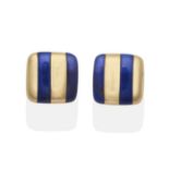 A Pair of Lapis Lazuli Earrings, rectangular plaques with alternating lapis lazuli and yellow