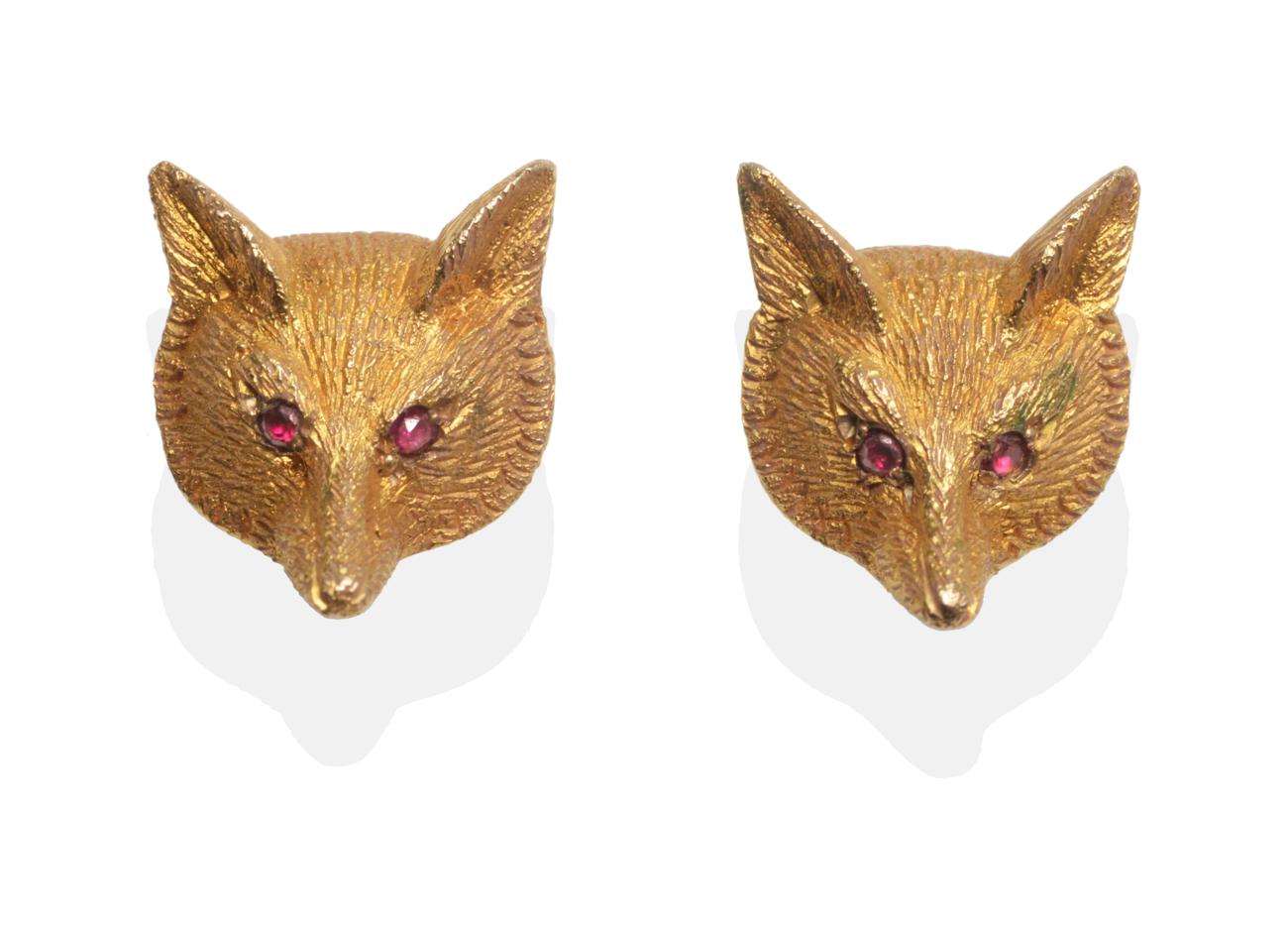 A Pair of 9 Carat Gold Fox Earrings, a fox head realistically modelled with textured fur and ruby