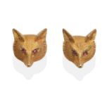 A Pair of 9 Carat Gold Fox Earrings, a fox head realistically modelled with textured fur and ruby