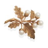 A 9 Carat Gold Cultured Pearl Acorn Spray Brooch, cultured pearl set acorns to textured leaves,