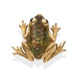 An 18 Carat Gold Enamel Frog Brooch, realistically modelled with sapphire cabochon set eyes and
