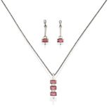 An 18 Carat White Gold Pink Tourmaline and Diamond Earring and Necklace Suite, the earrings with a