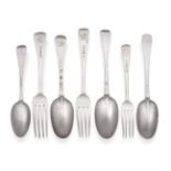 A Composite Part Service of George II and Later Silver Hanovarian Pattern Flatware, comprising;