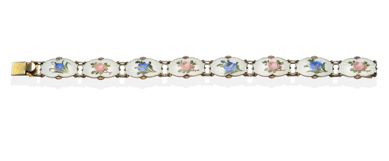 A Norwegian Enamel Bracelet, by Ivor T. Holth, eight white guilloche enamel links each painted