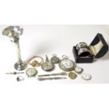 Silver pocket watch, fob watch stamped 0.800, nickel pocket watch, pair of silver napkin rings,