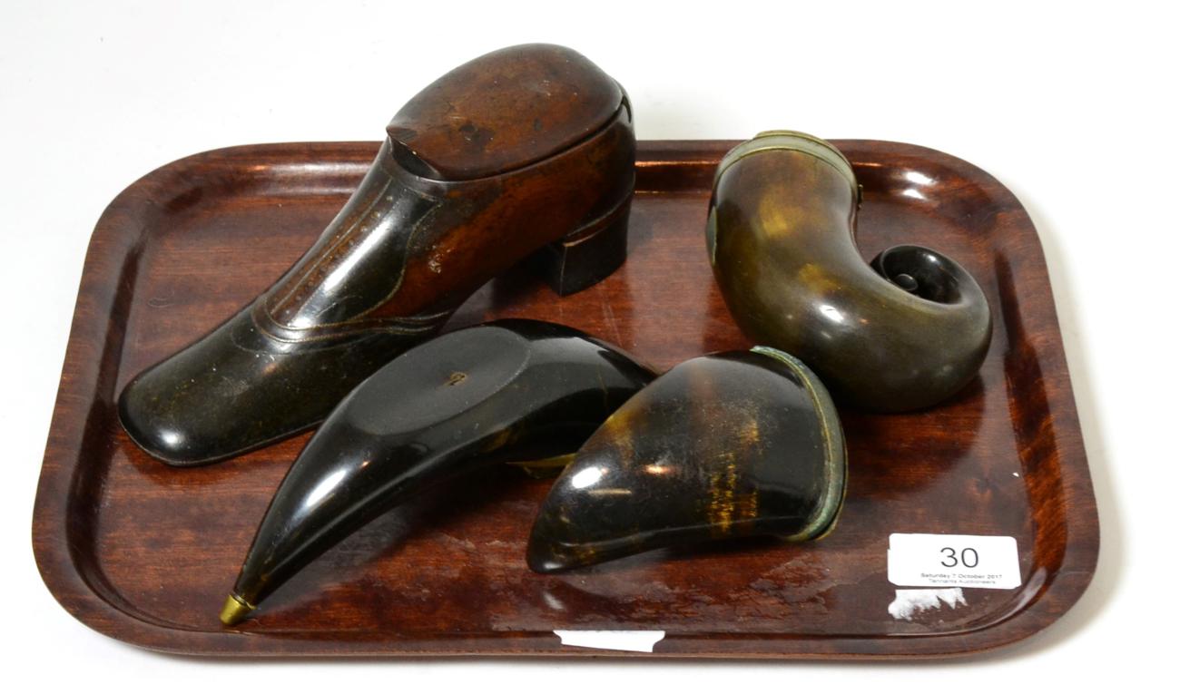 A large 19th century shoe snuff box: a Scottish snuff mull and two horn snuff boxes