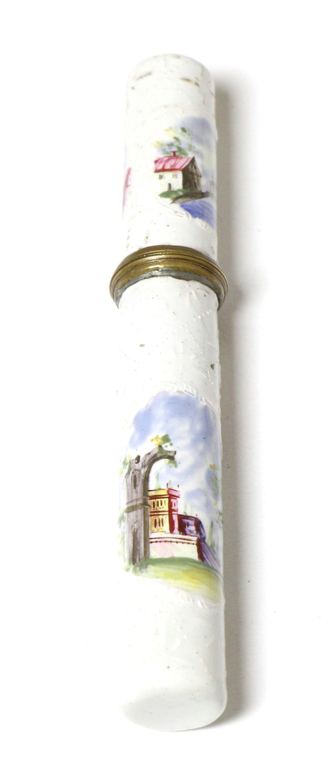 A Staffordshire enamel bodkin case, circa 1760, painted with classical buildings in panels, Bianco