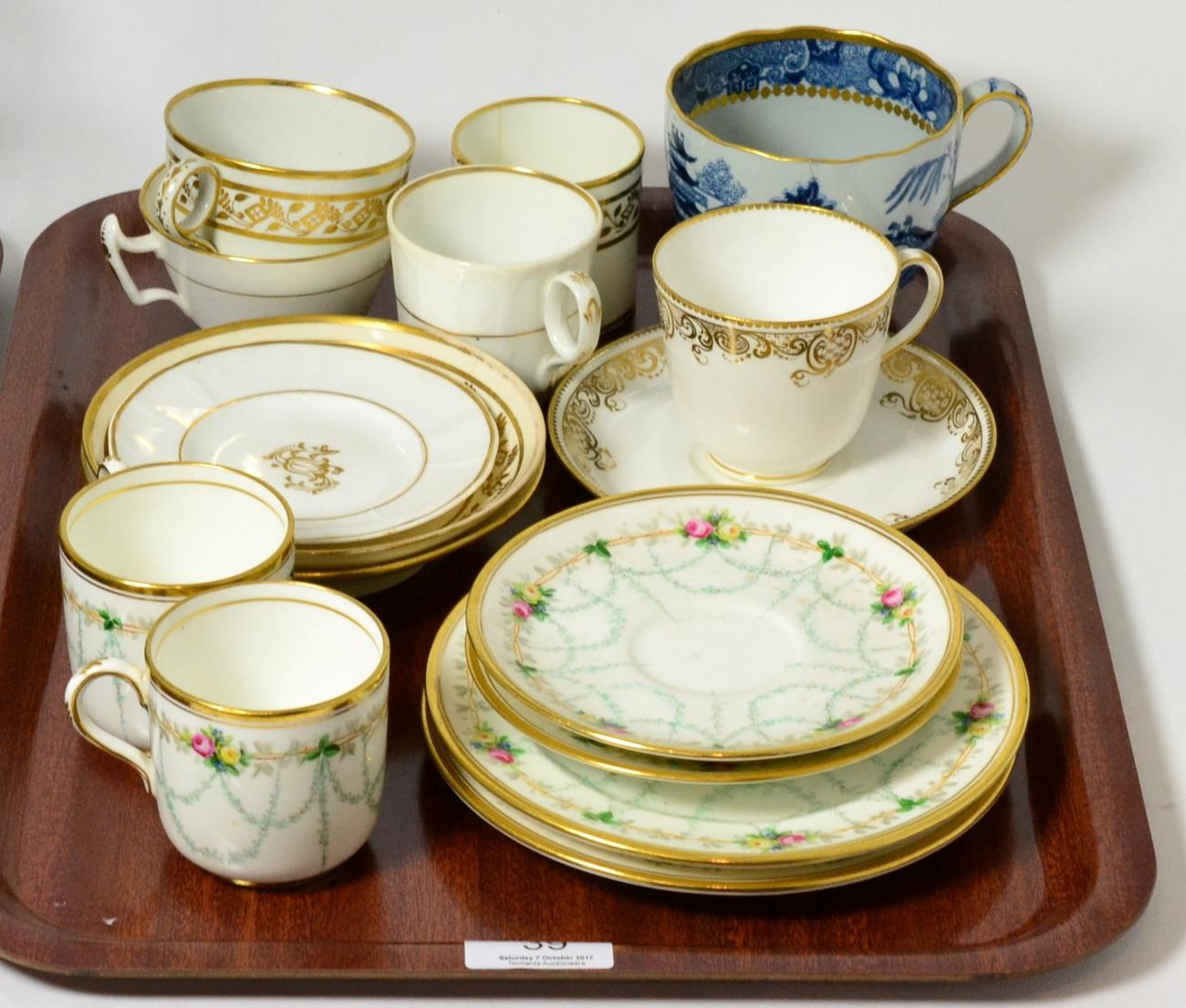 A group of miscellaneous 19th century Davenport teawares, various designs, comprising two cups,
