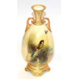 Royal Worcester twin handled vase, painted with a song bird, signed E Barker