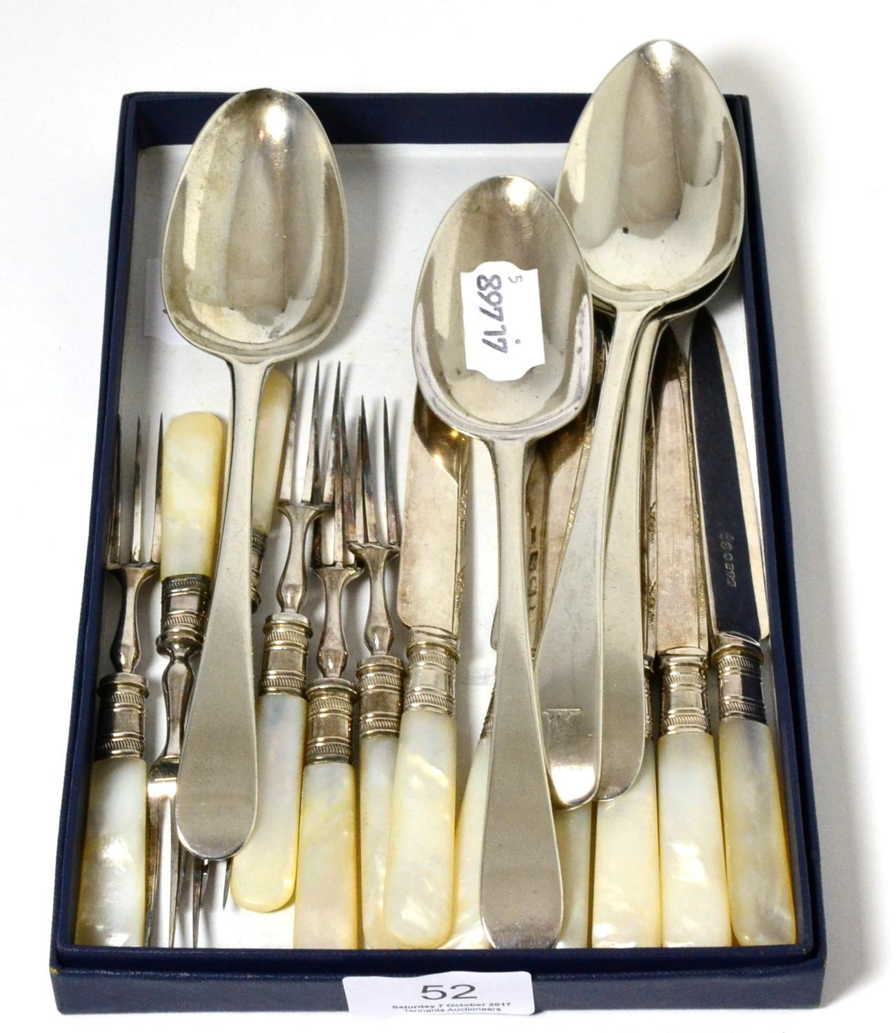 Silver comprising three 18th century table spoons, another single example and set of six mother of