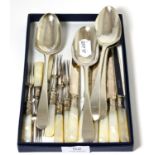 Silver comprising three 18th century table spoons, another single example and set of six mother of