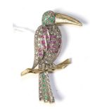 A diamond, ruby and emerald set toucan brooch, total estimated diamond weight 0.20 carat