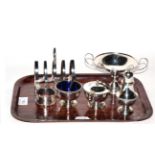 Silver comprising three piece condiment set, toast rack, napkin ring and pedestal dish