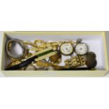 Two silver lady's fob watches, modern watches, costume jewellery etc