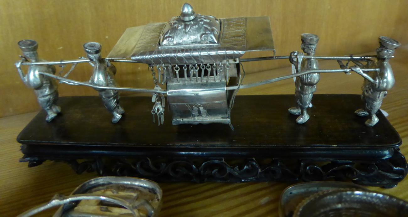 A group of Chinese export silver models and condiments, including three rickshaws; a melon form - Image 4 of 4