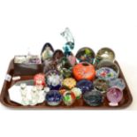 Tray of Caithness, Selkirk and other glass paperweights together with tray of ceramics including